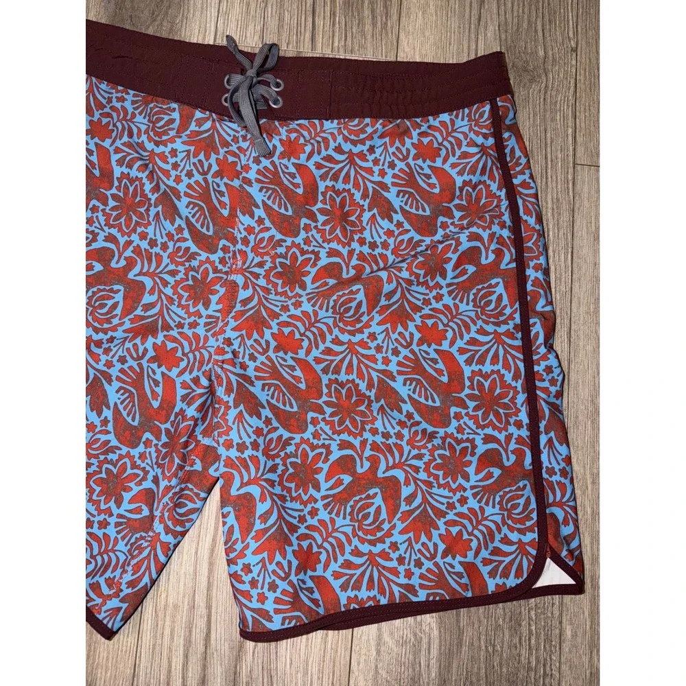 Prana‎ High Seas Board Shorts Mens 36 Red Blue Otomi Bird Floral Swim Trunks H2